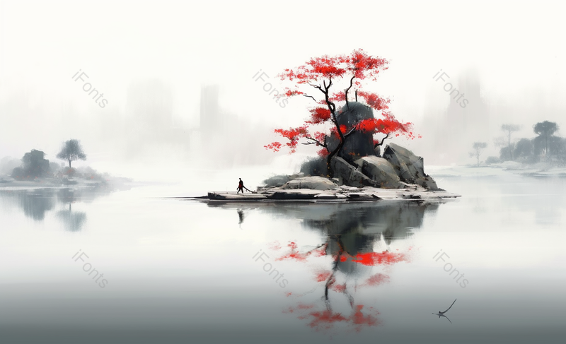 中国风国风新中式彩色水墨山水画平静的湖泊岸上站着的人影远处山峰云雾背景插画,插画/手绘图,插画/手绘图库,插画/手绘图下载,插画/手绘